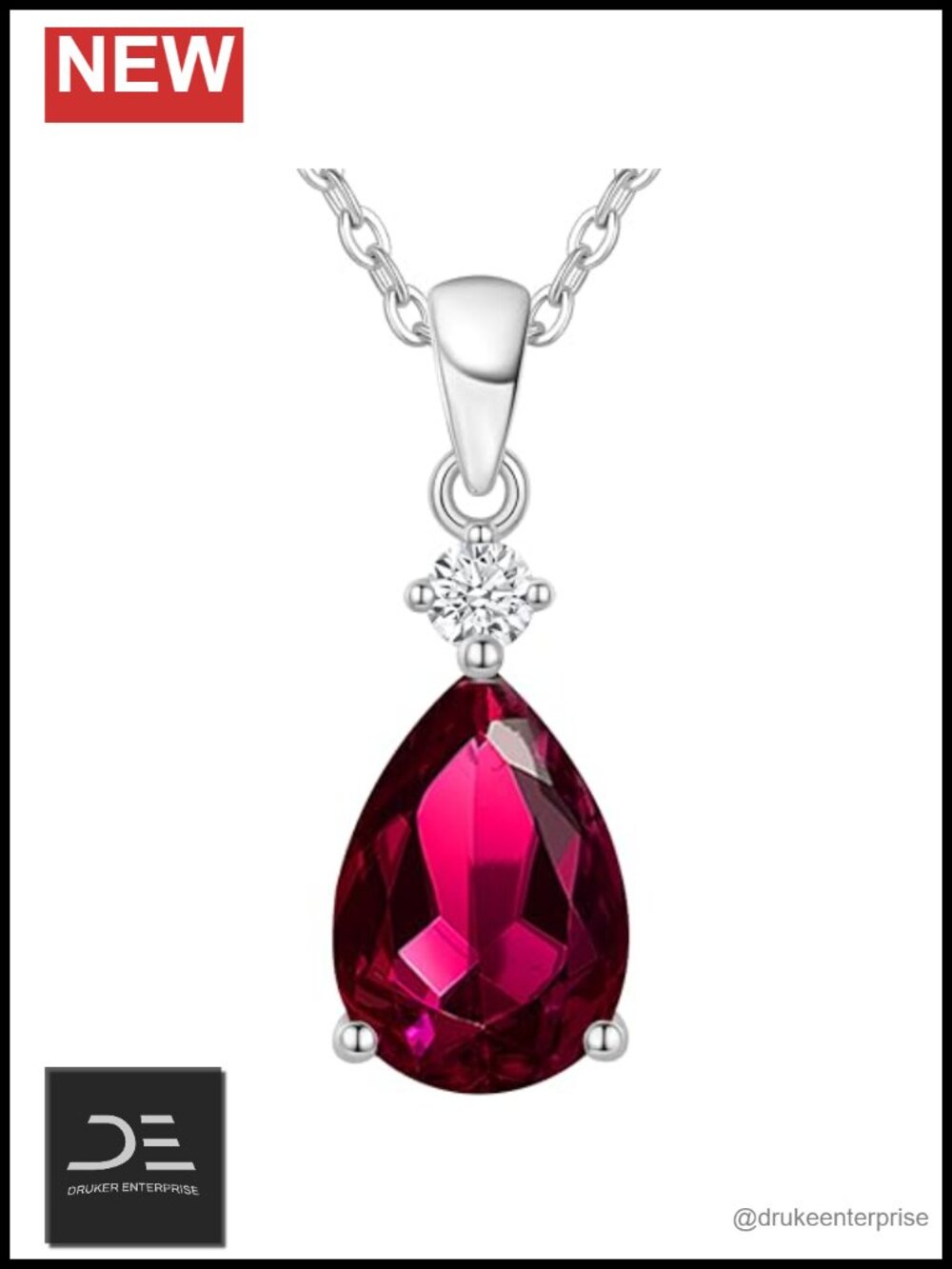 925 Sterling Silver Teardrop Pendant Necklace, Red Gemstone